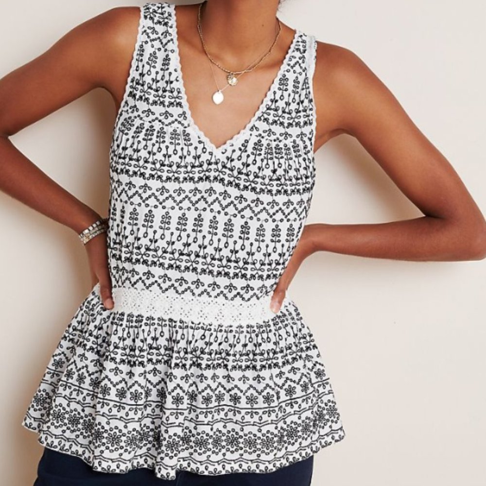 Anthropologie Cammie Embroidered Peplum Top